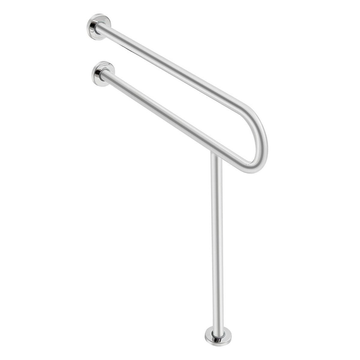 Stainless steel toilet grab bar with two parallel U-shaped rails and vertical leg