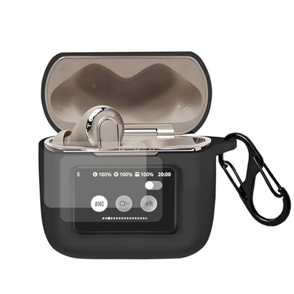 Black earbuds charging case, open view showing earbuds and PET screen cover with strap