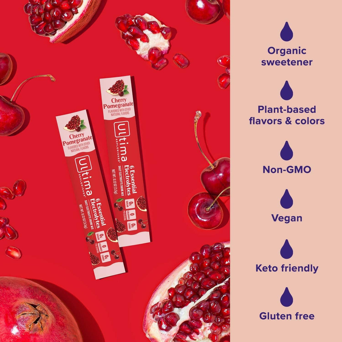Cherry pomegranate electrolyte stickpack boxes with plant-based and vegan icons