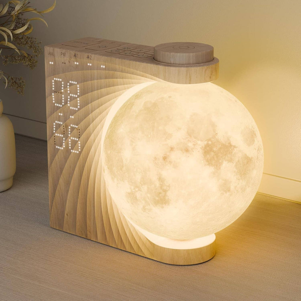 Wooden moon sunrise alarm clock with large glowing moon and dotted clock digits