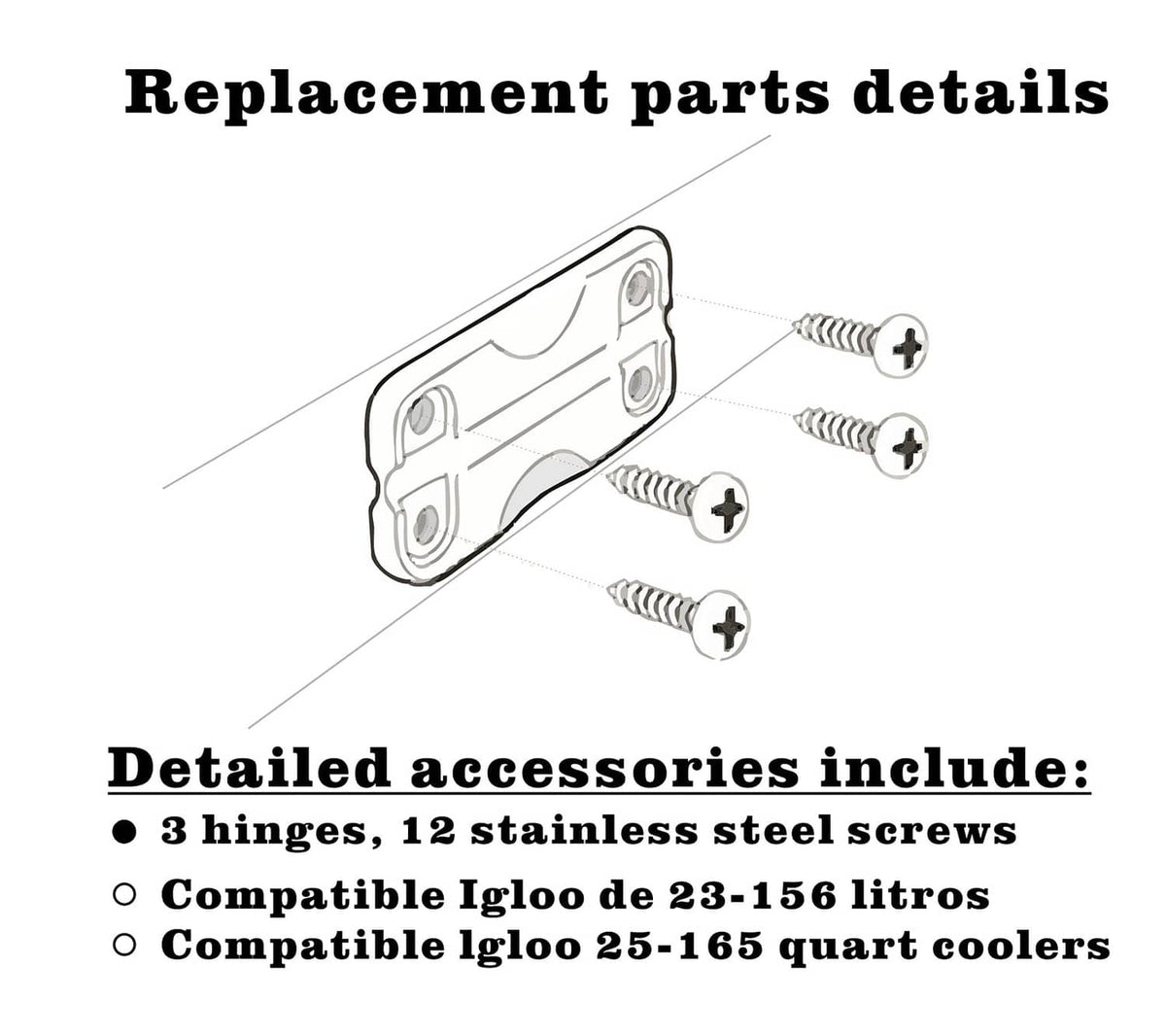Replacement hinge plate with stainless screws, parts detail diagram
