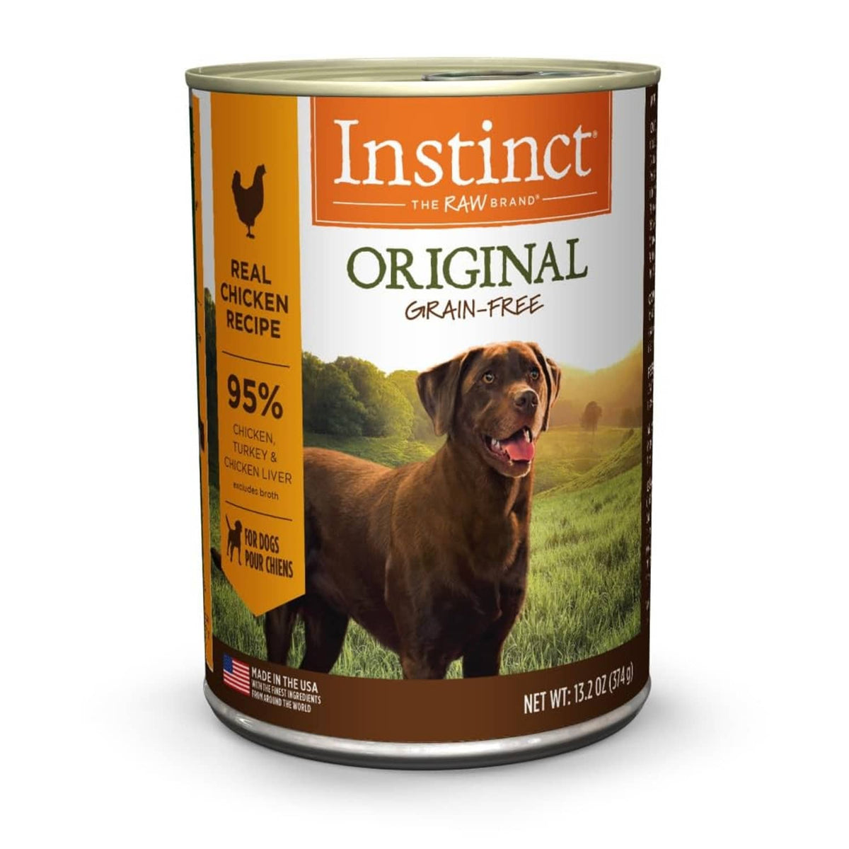 Instinct Original grain-free chicken dog food can with dog photo and label