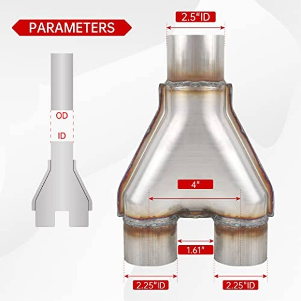 Stainless steel Y-pipe exhaust connector size diagram with 2.5 in and 2.25 in ports