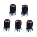 Black 360-degree rotary digital potentiometer encoder, 5-pin PCB module with blue switch terminals.