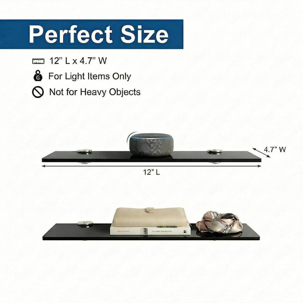Black acrylic floating shelf with metal mounting hardware, 12 x 4 in