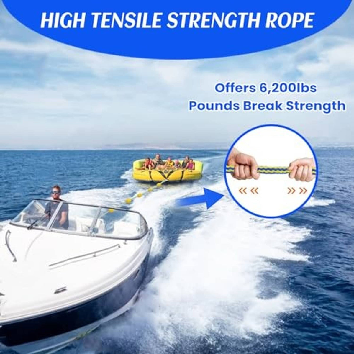 Floating tow rope with yellow float balls and blue-and-yellow braided line