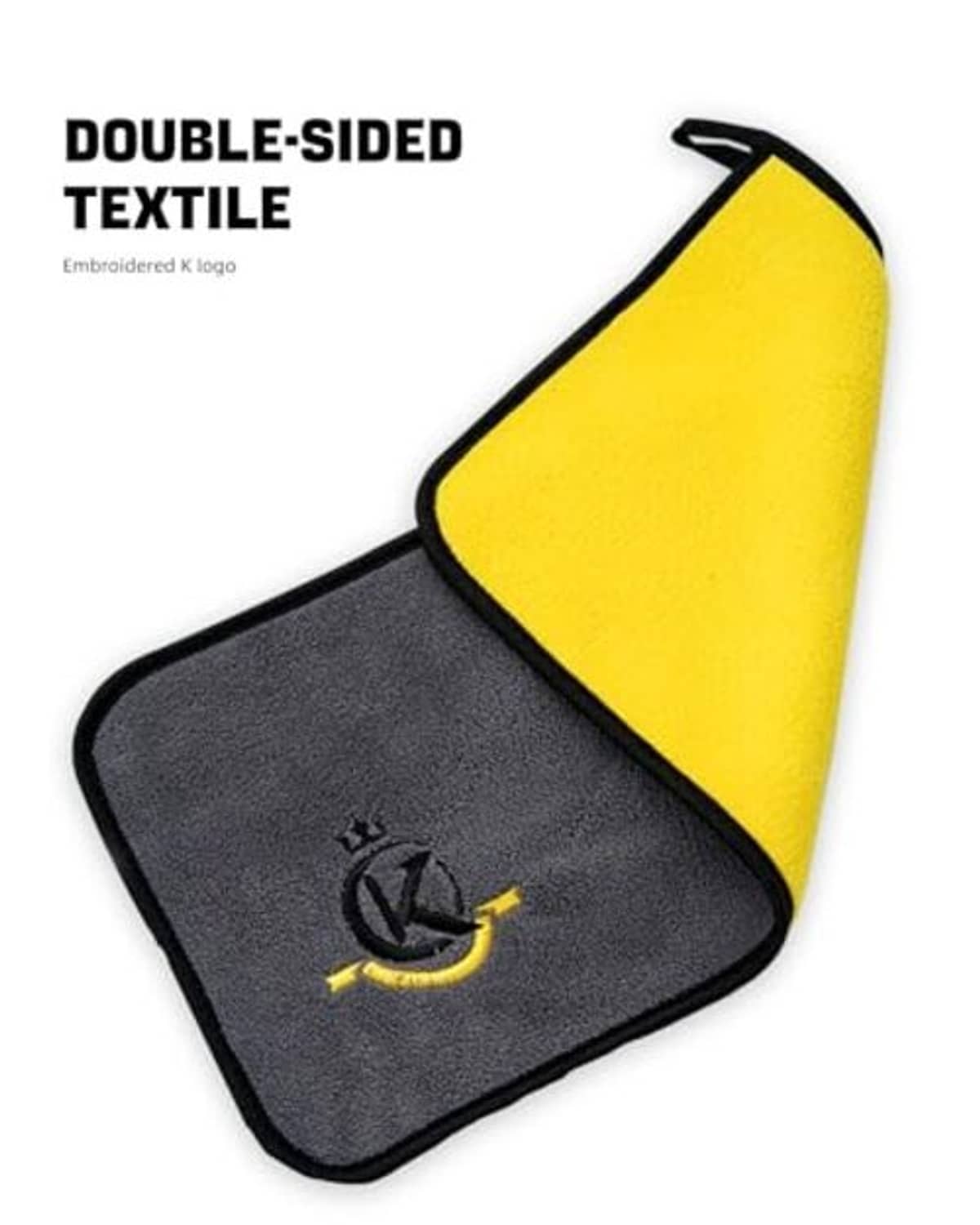 Double-sided cue cleaning towel, dark gray face with yellow side and black border