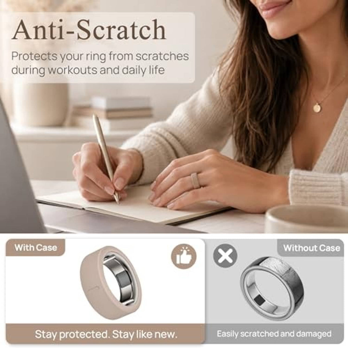 Ring cover on a finger while writing at a desk, anti-scratch protective sleeve