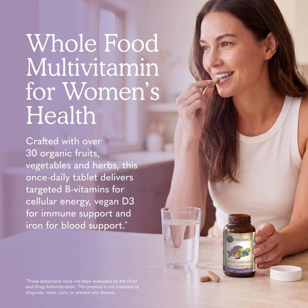 Women’s multivitamin bottle with white cap and woman smiling