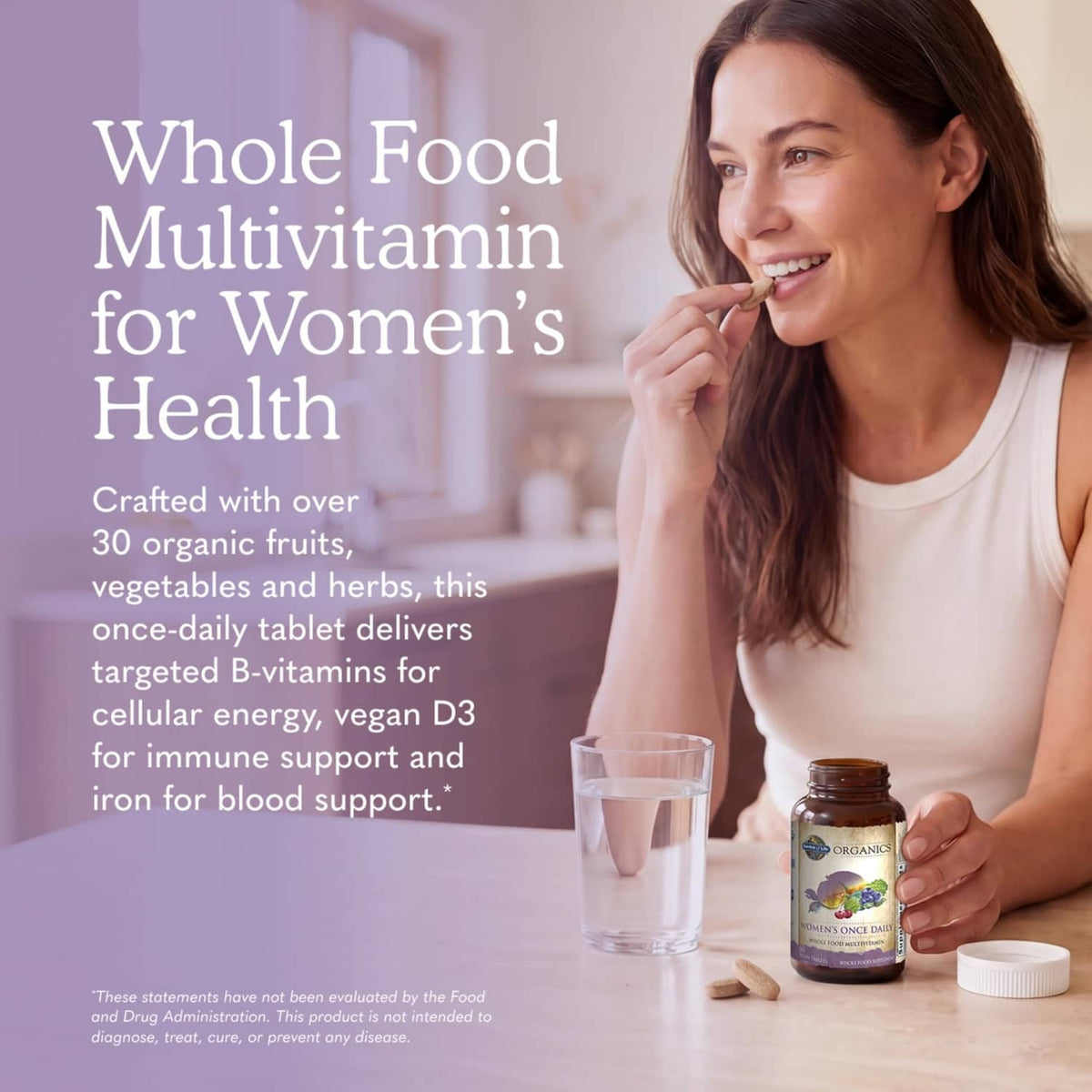 Women’s multivitamin bottle with white cap and woman smiling