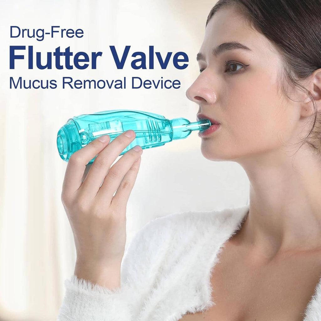 Flutter valve mucus removal device, turquoise transparent body with mouthpiece