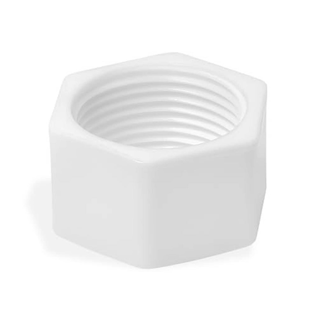 White hex plastic pipe end cap with smooth exterior and female threaded opening