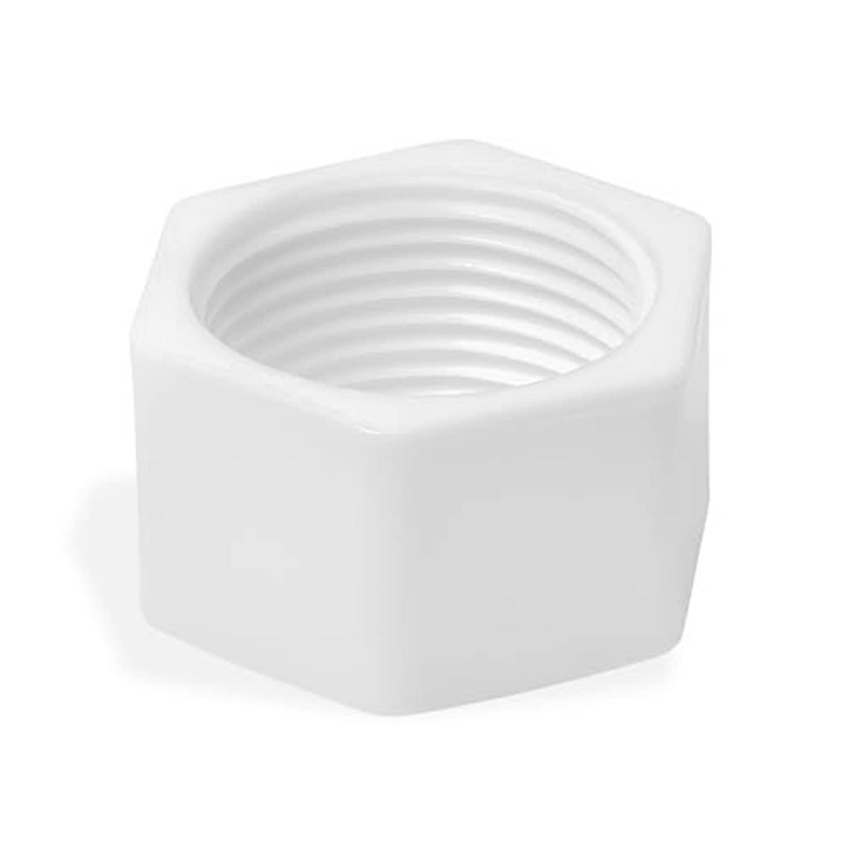 White hex plastic pipe end cap with smooth exterior and female threaded opening