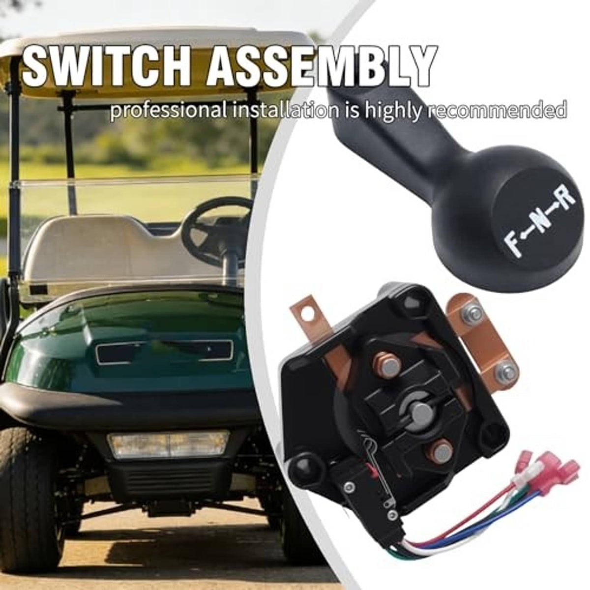 Black shift handle marked F-N-R with switch unit and multi-wire harness.
