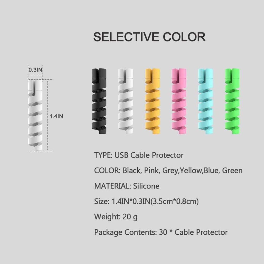 USB cable protector sleeves in select colors, black, pink, grey, yellow, blue, green
