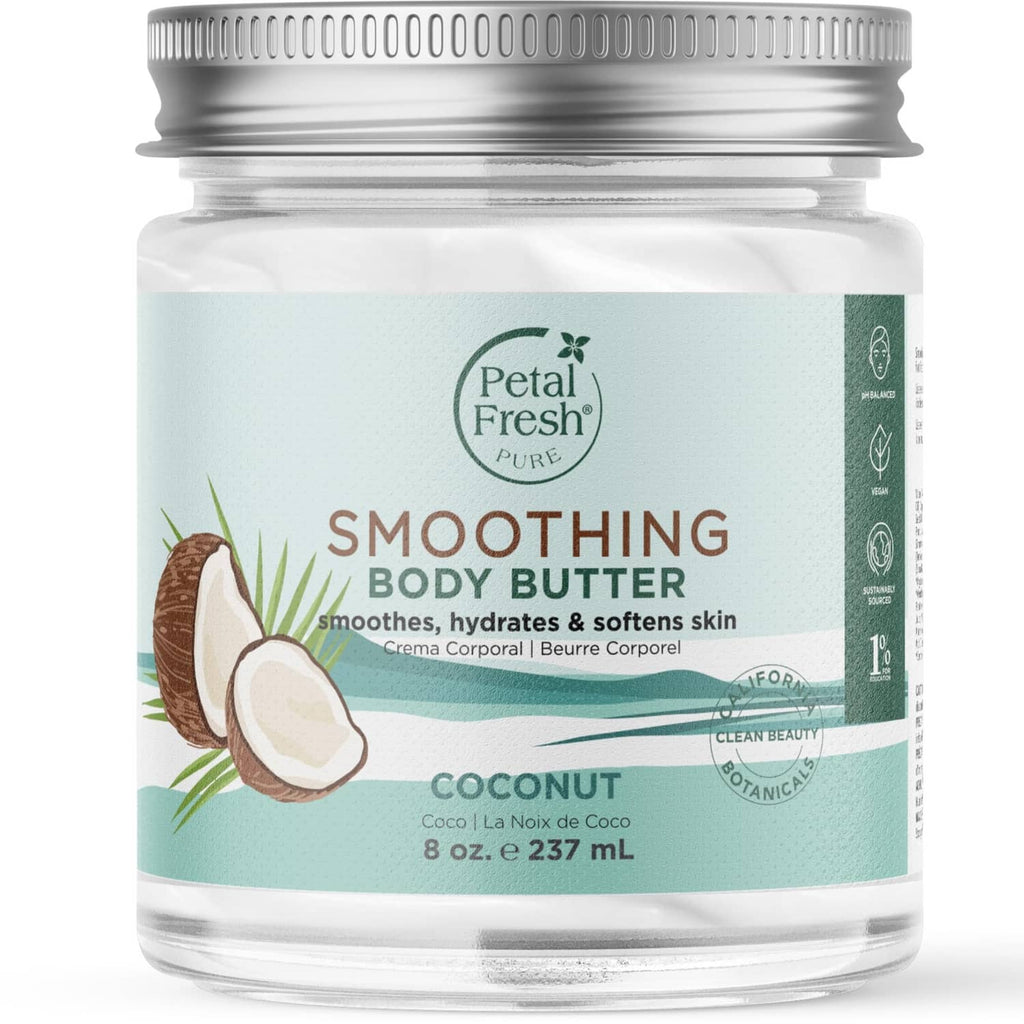 Smoothing body butter jar, white cream, coconut label and Petal Fresh branding