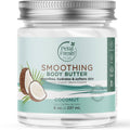 Smoothing body butter jar, white cream, coconut label and Petal Fresh branding
