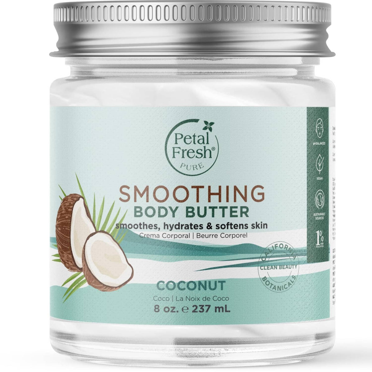Smoothing body butter jar, white cream, coconut label and Petal Fresh branding
