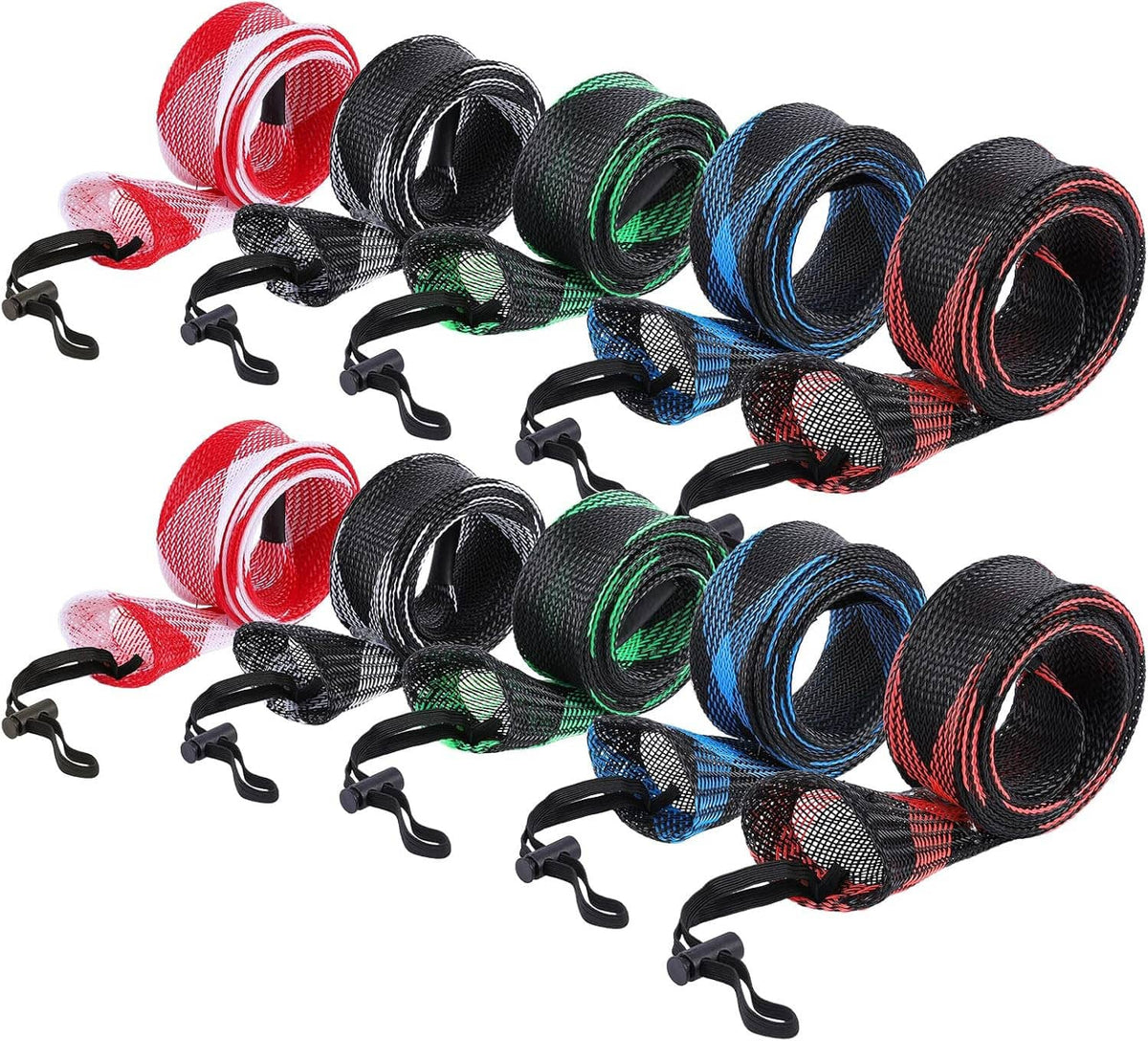 10-pack fishing rod sleeve socks with lanyards, red, black, green, blue, and patterned styles
