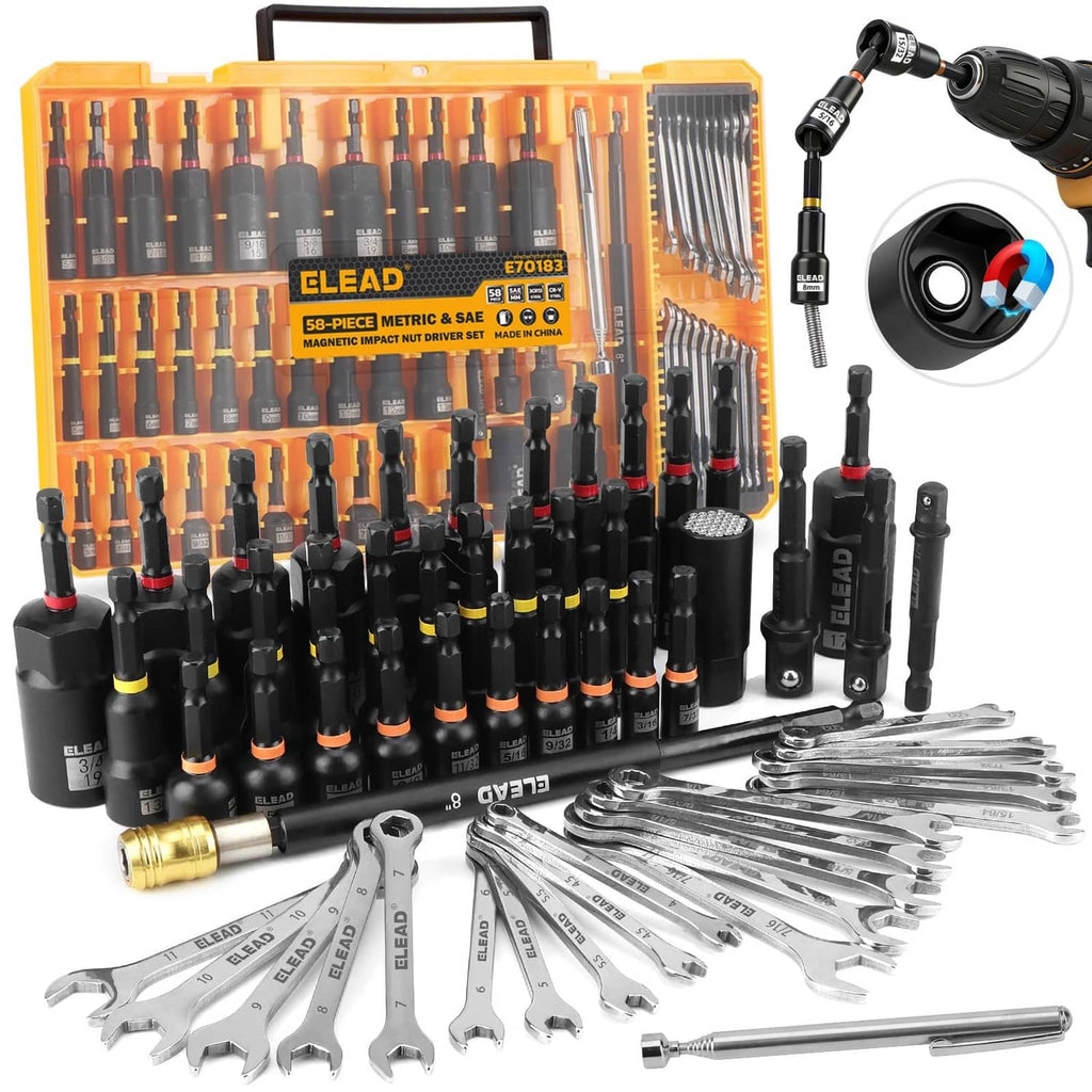 Magnetic impact nut driver set with bits in orange/black storage case
