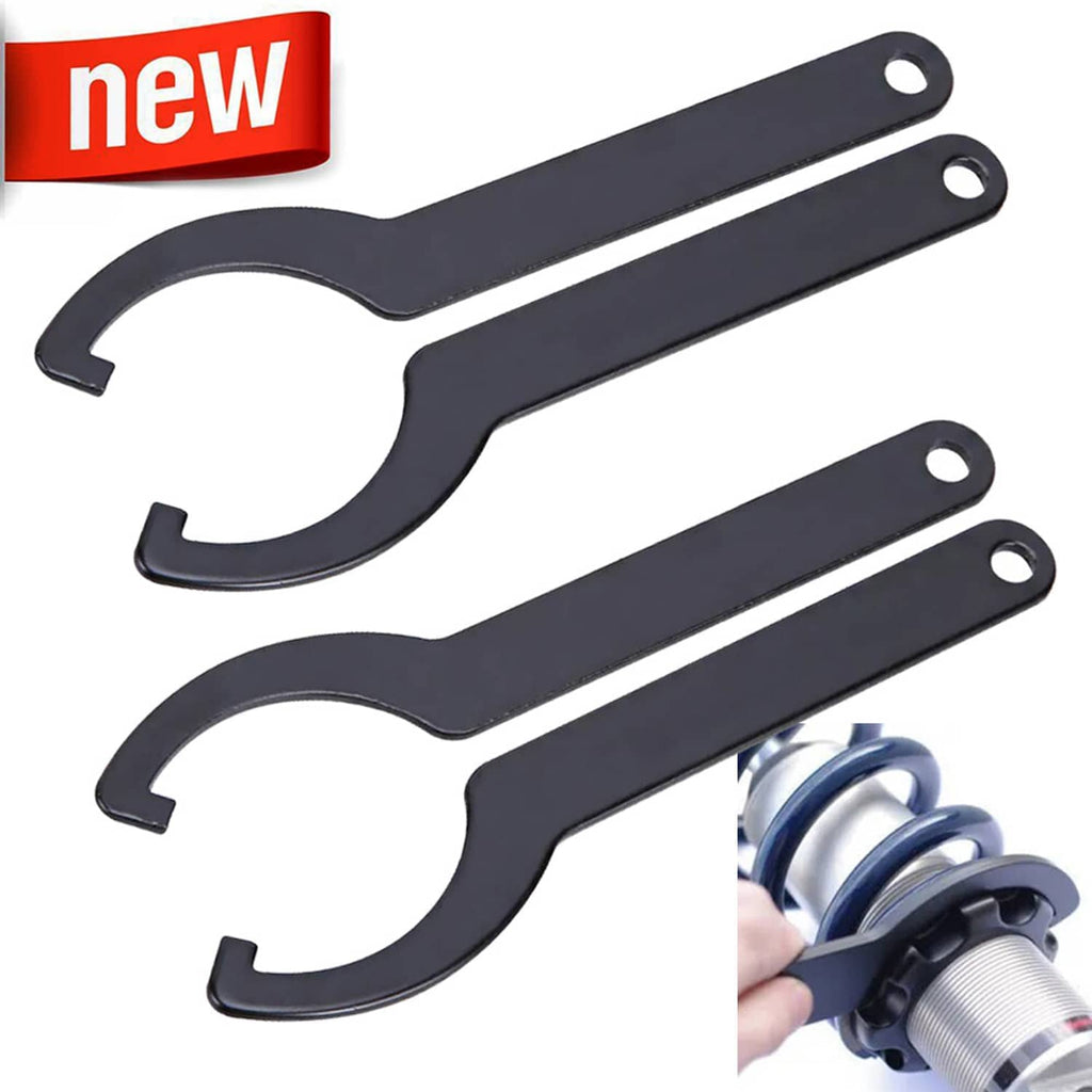 Motorcycle shock spanner wrench set, dark blue metal with hook ends and mounting holes