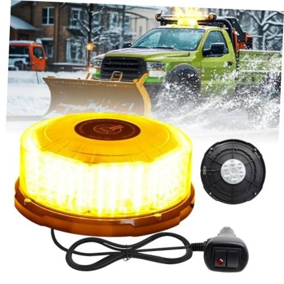 Amber LED magnetic strobe beacon light with round dome and black base, corded