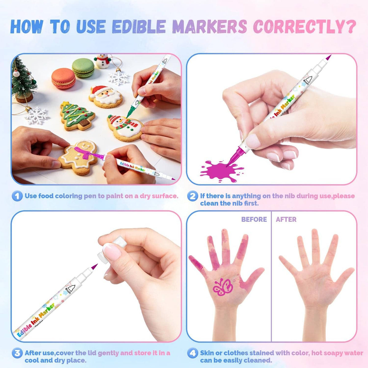 Edible ink marker usage steps showing drawing and after-cleaning hand example