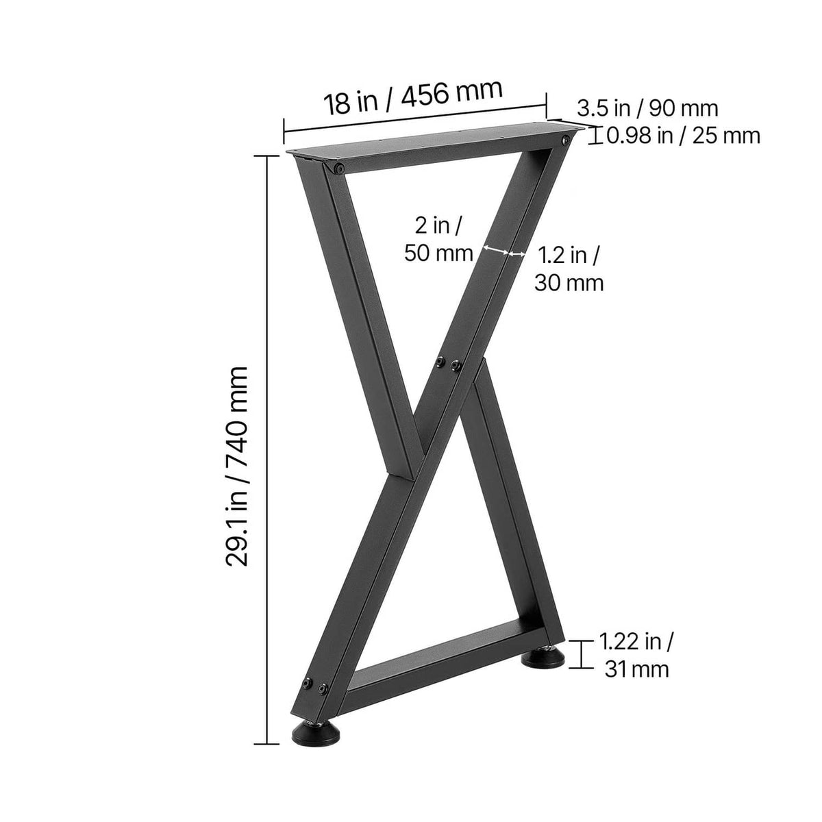 Black X-frame table leg dimension view with base and top mounting points