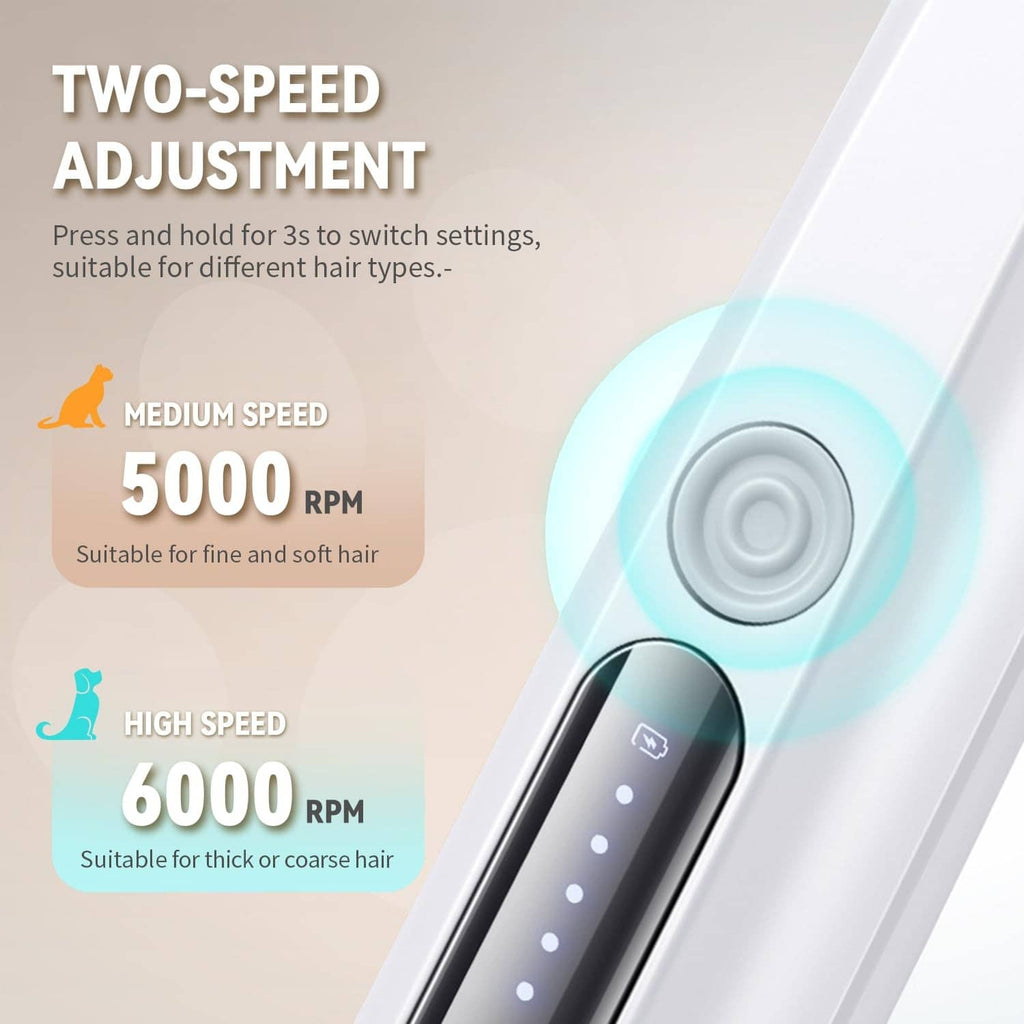 White pet trimmer front dial with two-speed indicator glow on display