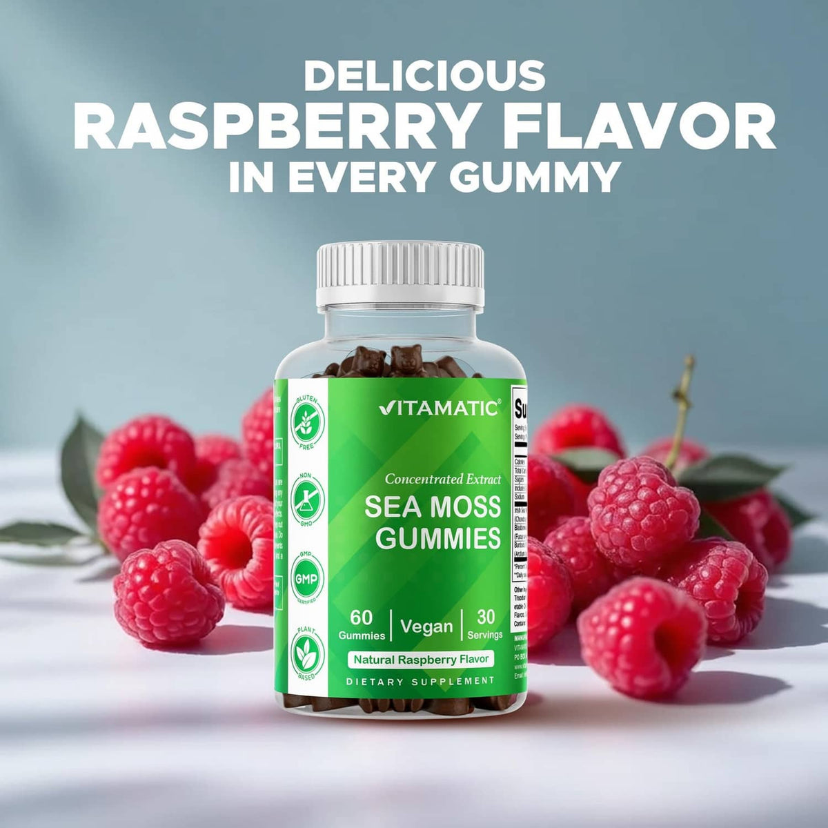 Sea moss gummies bottle with raspberries surrounding it, natural raspberry flavor label