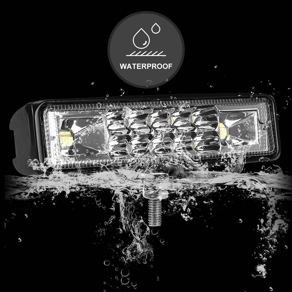 Waterproof-rated rectangular LED light bar with clear lens and black housing, water splash