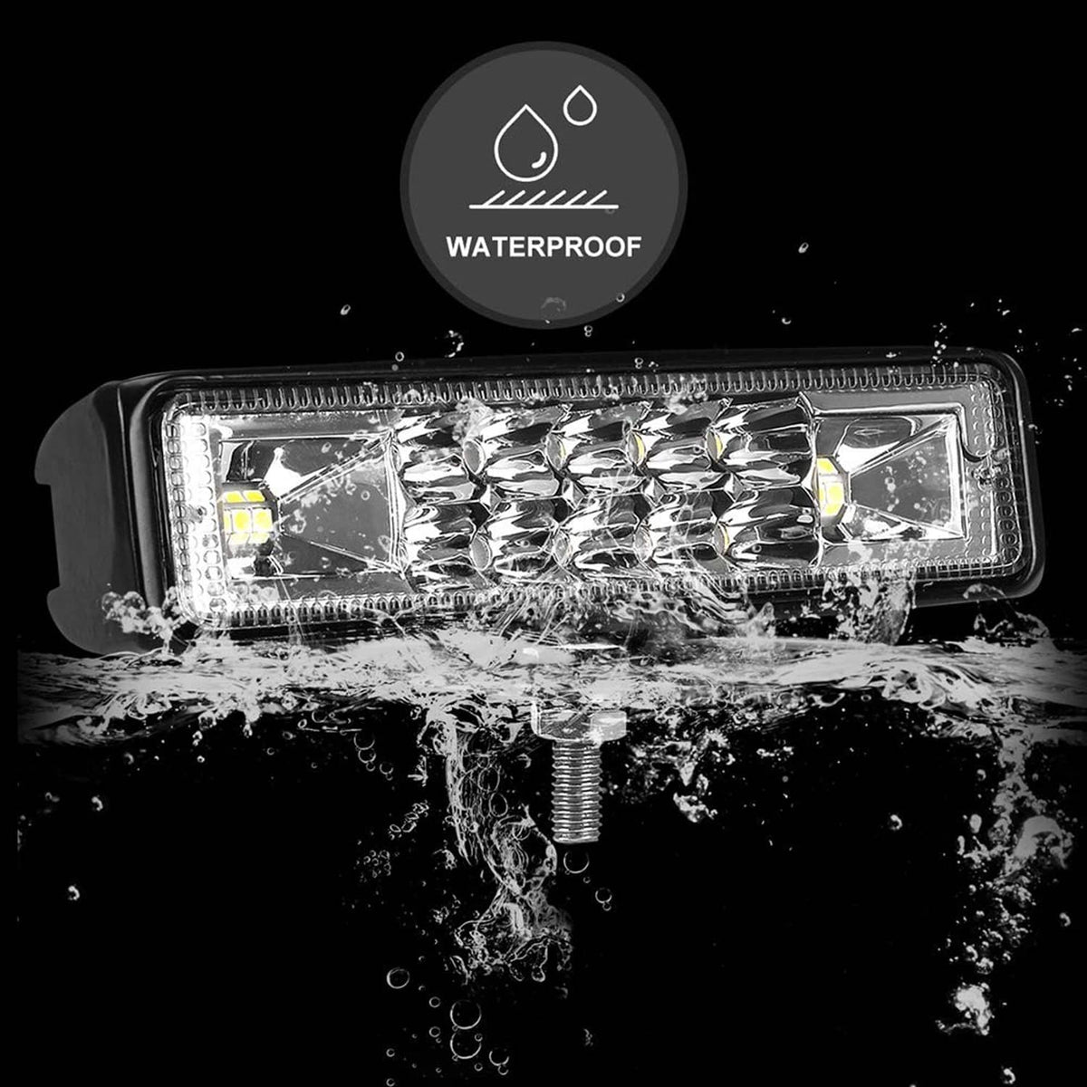 Waterproof-rated rectangular LED light bar with clear lens and black housing, water splash