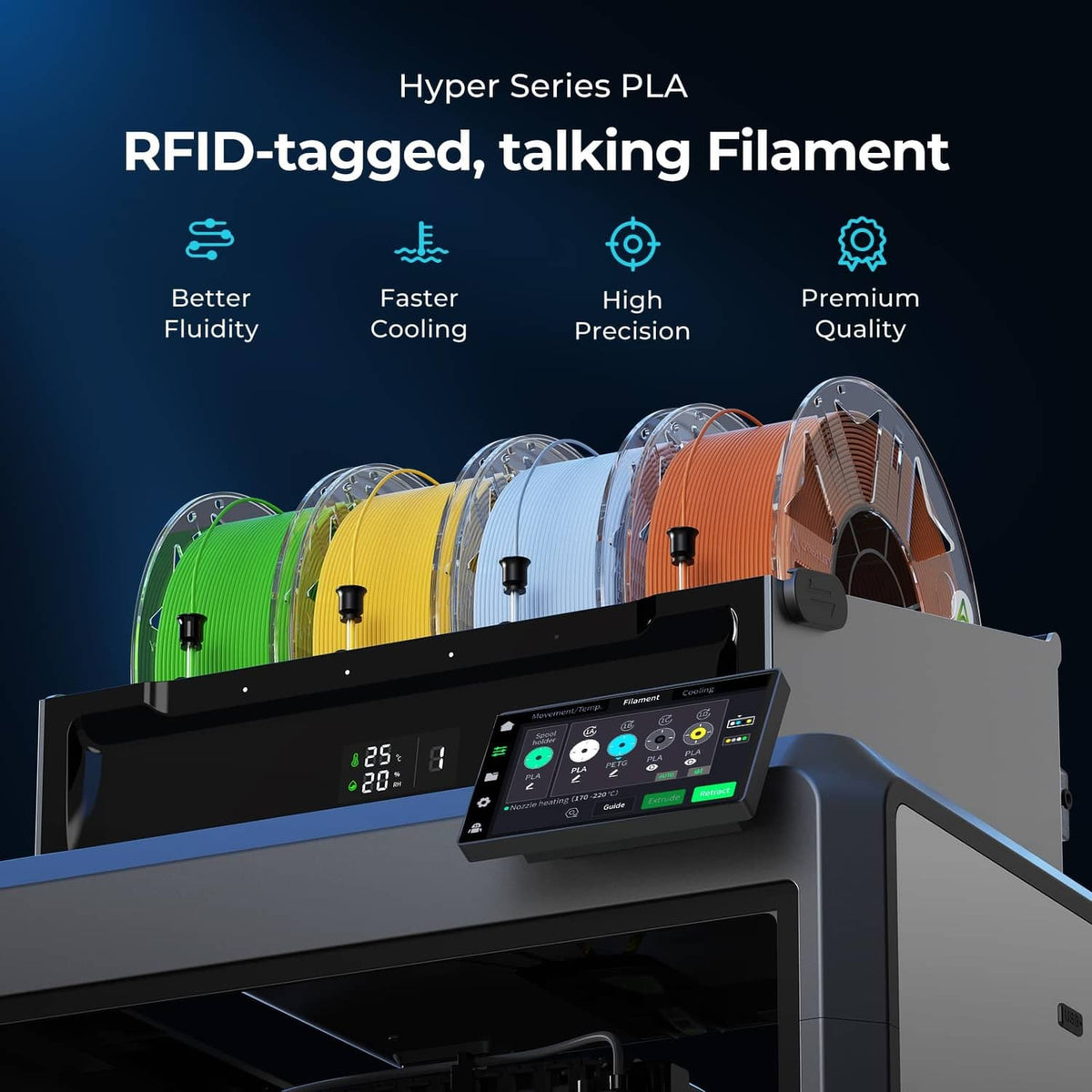 Multi-color 1.75mm PLA filament spools lined up for 3D printing