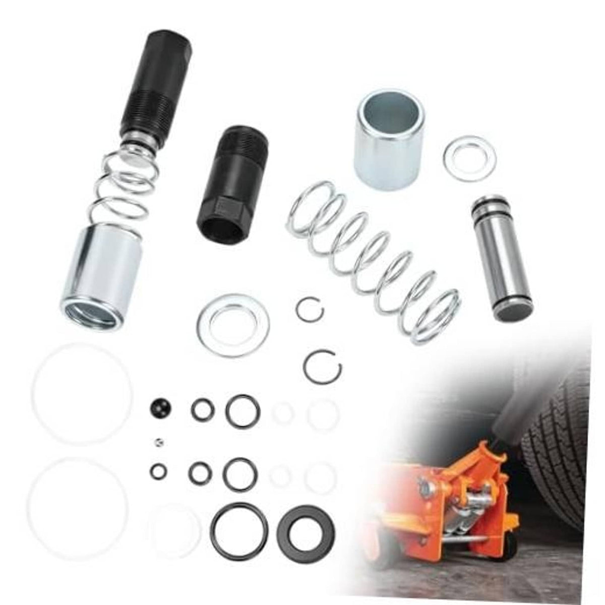 Floor jack repair kit parts: dual pump piston plungers, springs, and sealing rings set