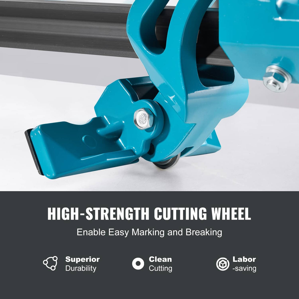 Cutting wheel assembly on teal manual tile cutter, clamp with sharp steel wheel