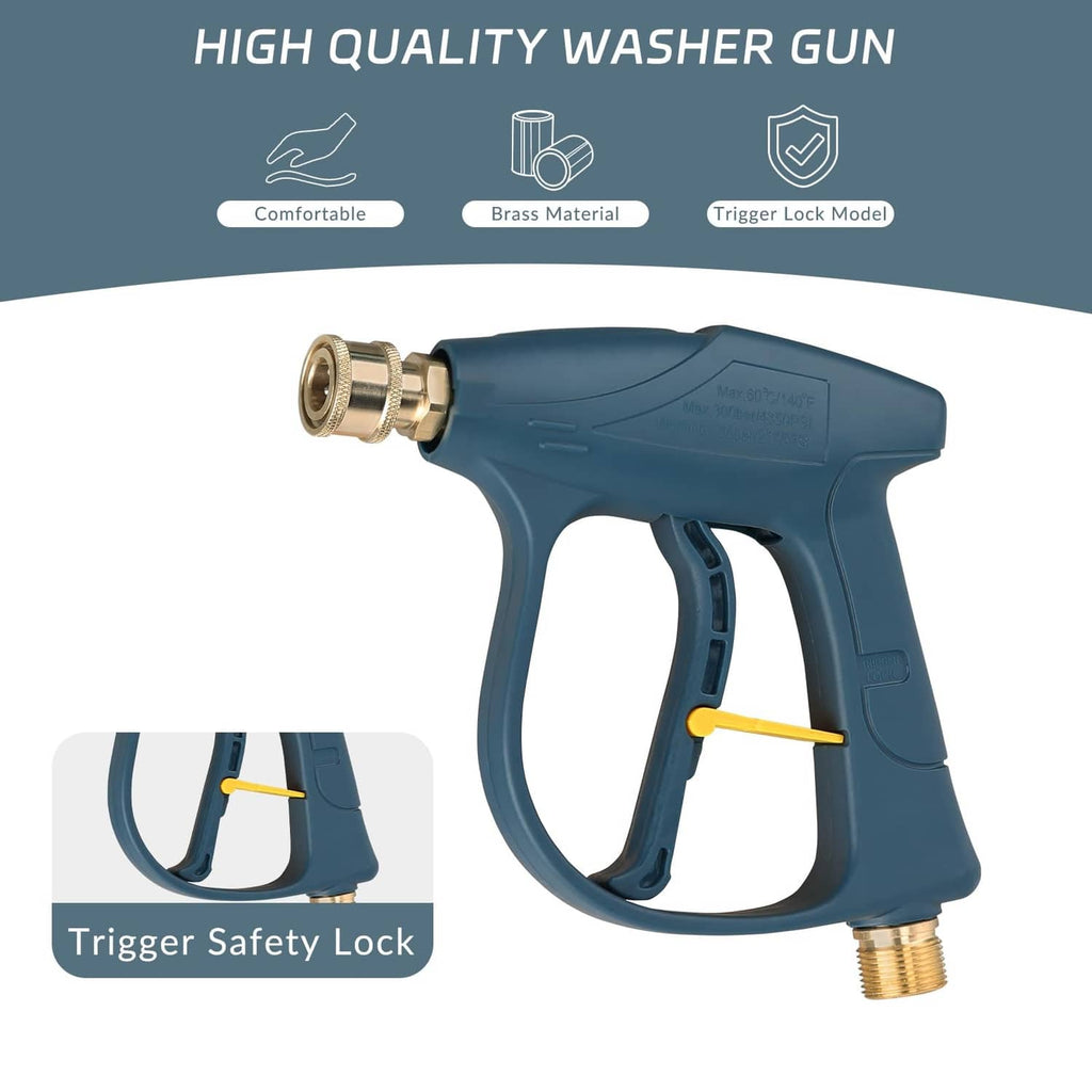 High-pressure washer gun with brass fitting, blue-green body, trigger safety lock