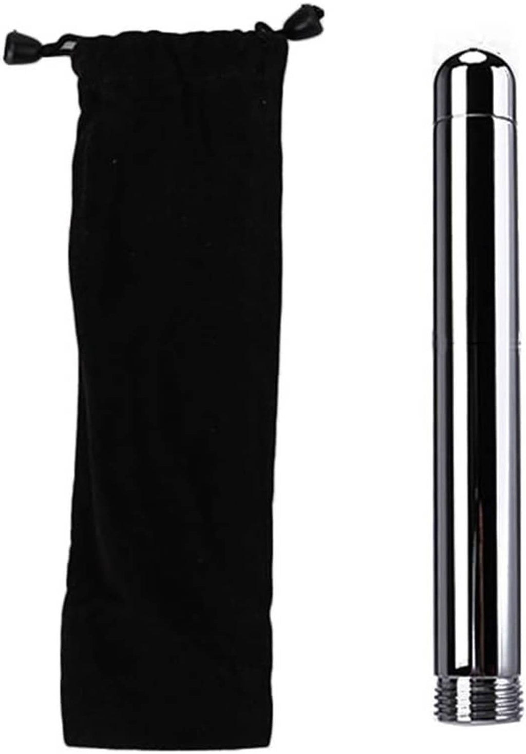 Chrome shower nozzle cleaner with long tube and nozzle caps in a black storage pouch