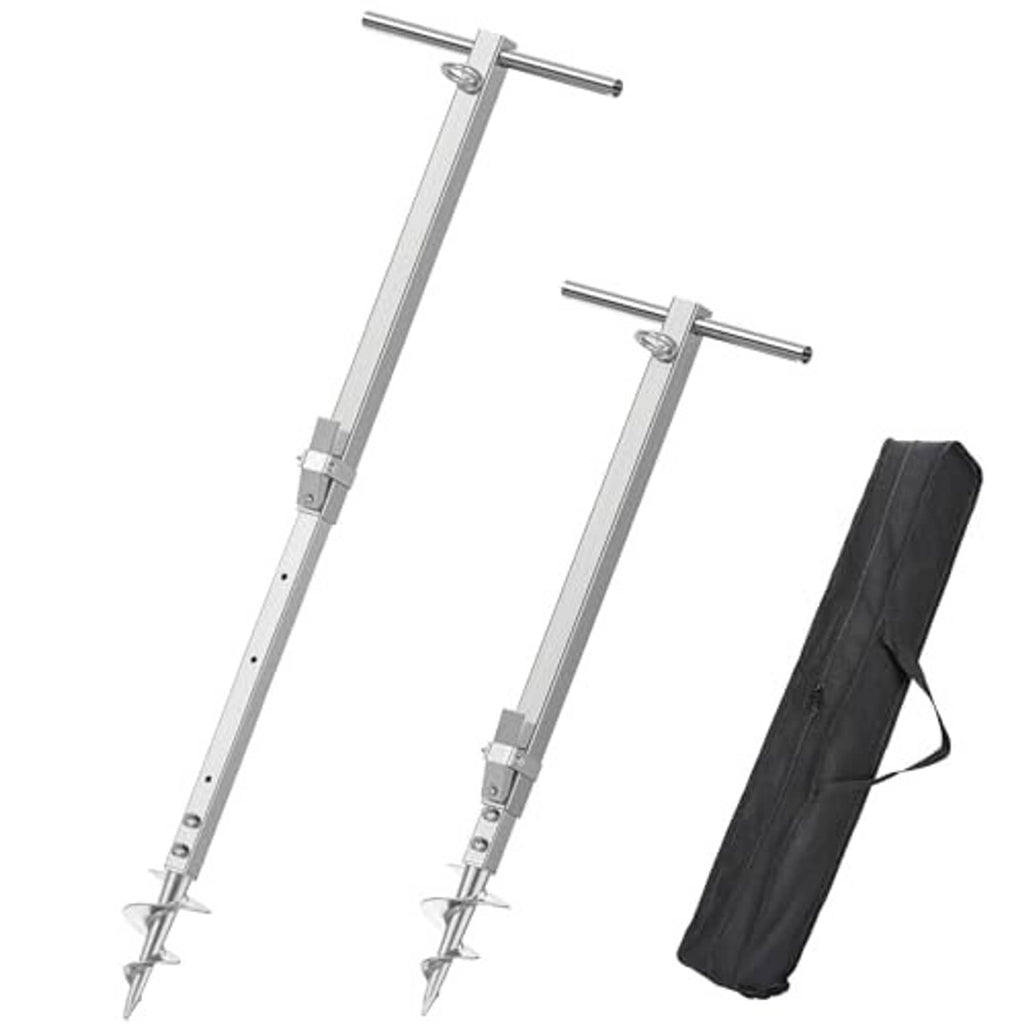 Sand anchor set with two stainless steel posts, screw tip, cross handle, storage bag