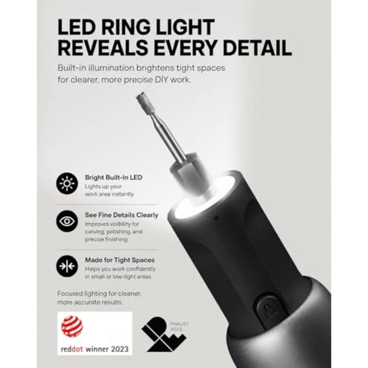 Cordless rotary tool with built-in LED ring light for detailed work on a metal bit