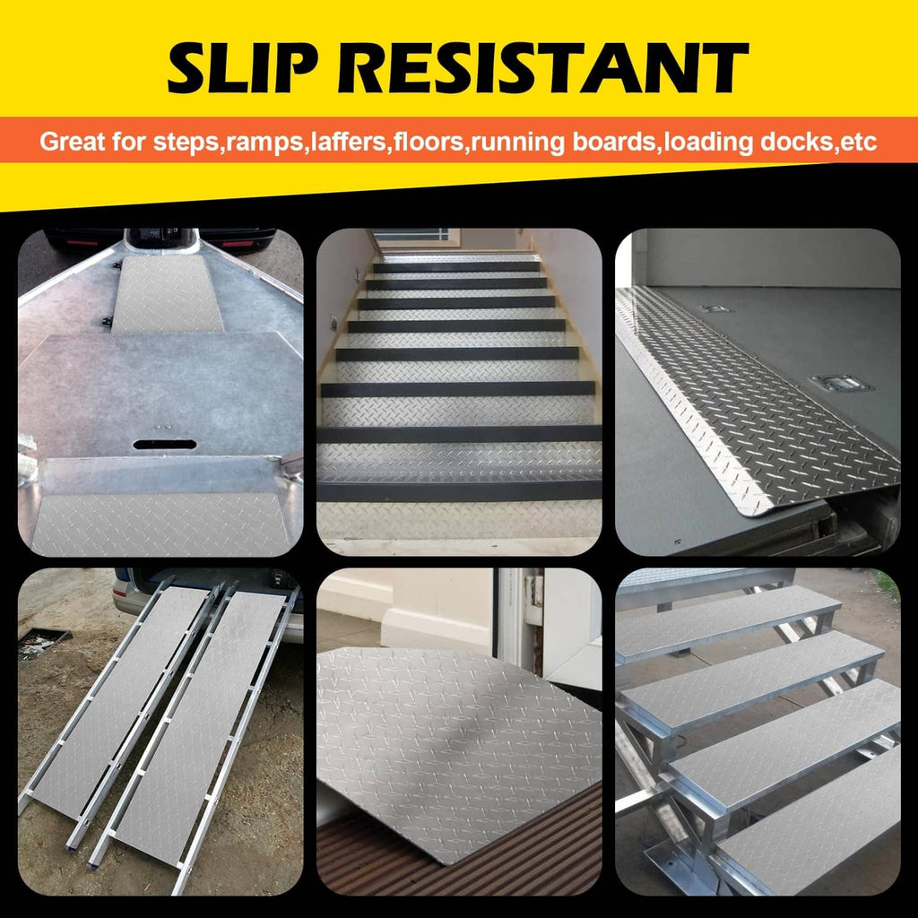 Silver diamond plate aluminum sheet with slip-resistant raised tread on stairs and ramps