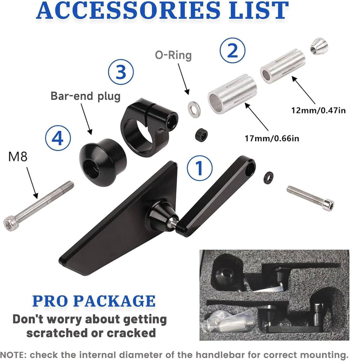Motorcycle bar-end mirror mounting kit with bar-end plugs, screws, and O-ring