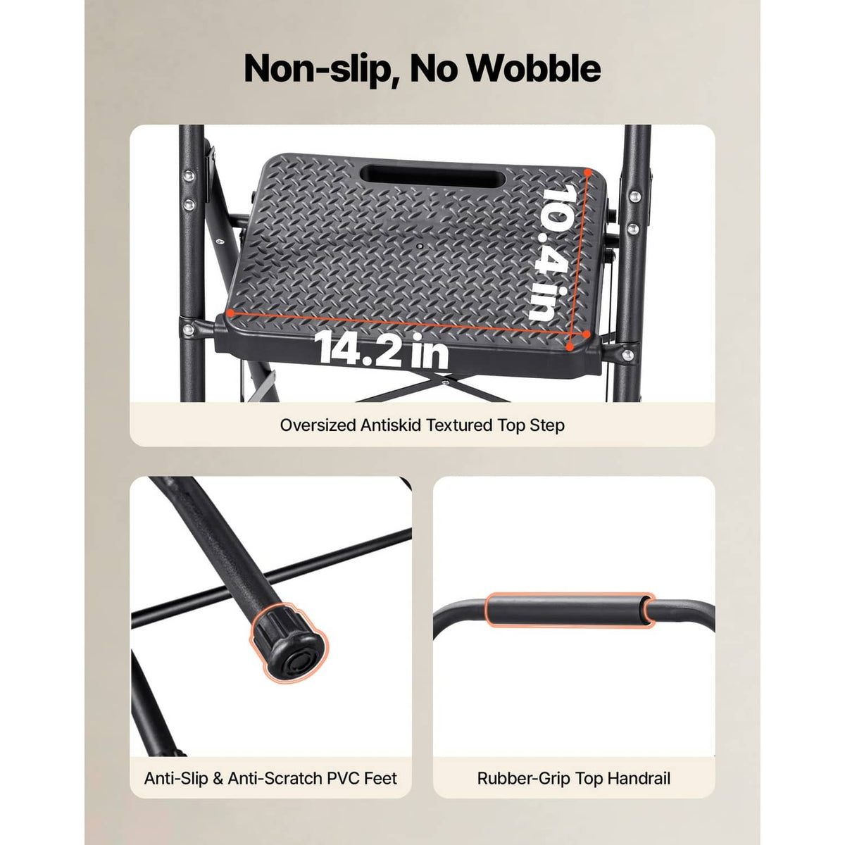 Textured non-slip top step and top handgrip on a black 3-step steel ladder