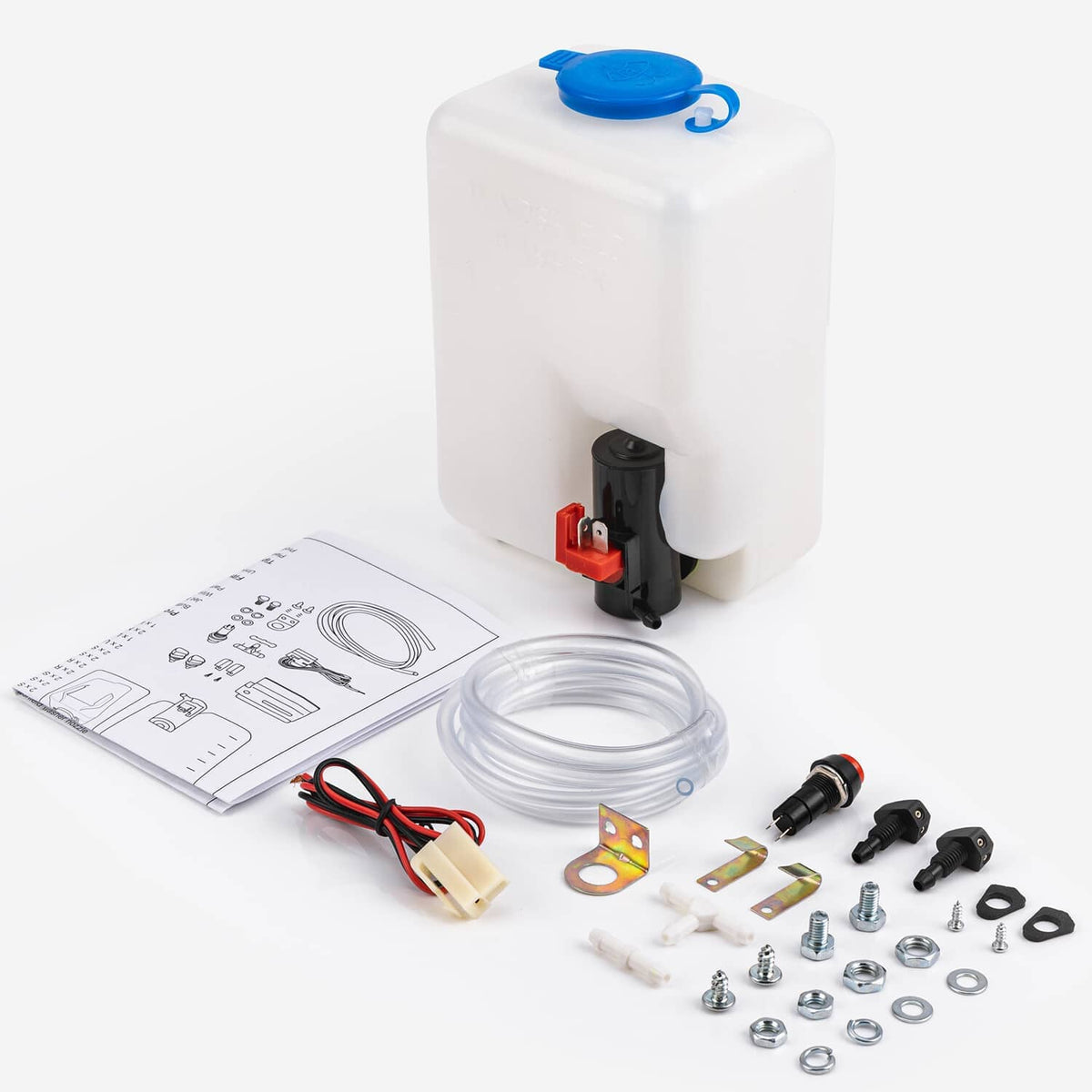 White washer bottle tank with blue cap, clear tubing, and mounting pump assembly