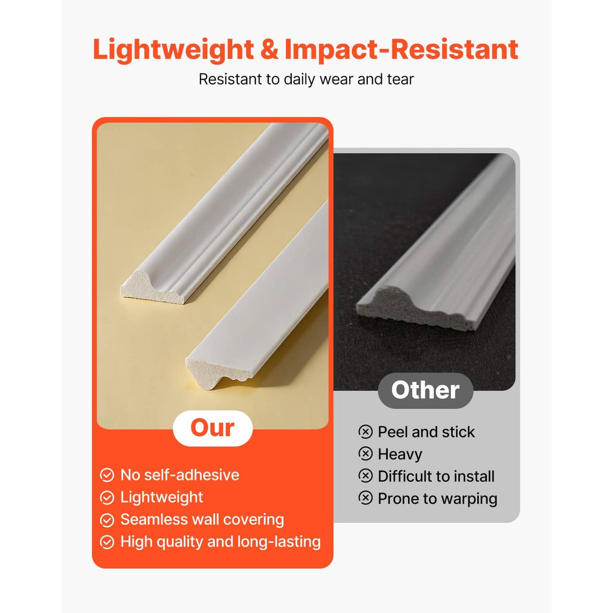 White wall molding profiles displayed, lightweight foam trim with textured edge