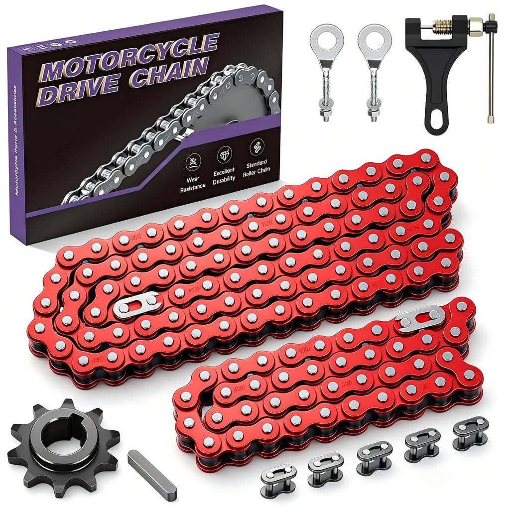 Red 420 motorcycle drive chain kit bundle with sprocket gear and chain breaker tool