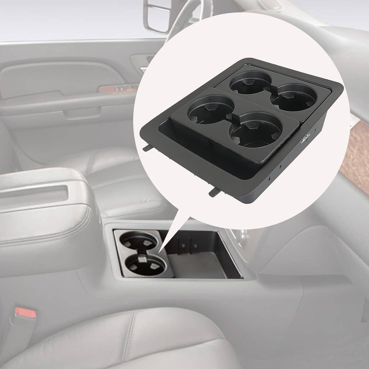 Black cup holder bezel insert with four circular holders for center console