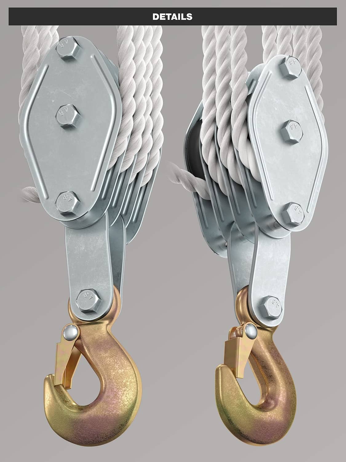 Two pulley blocks with gold hooks and coiled white rope, heavy-duty steel construction