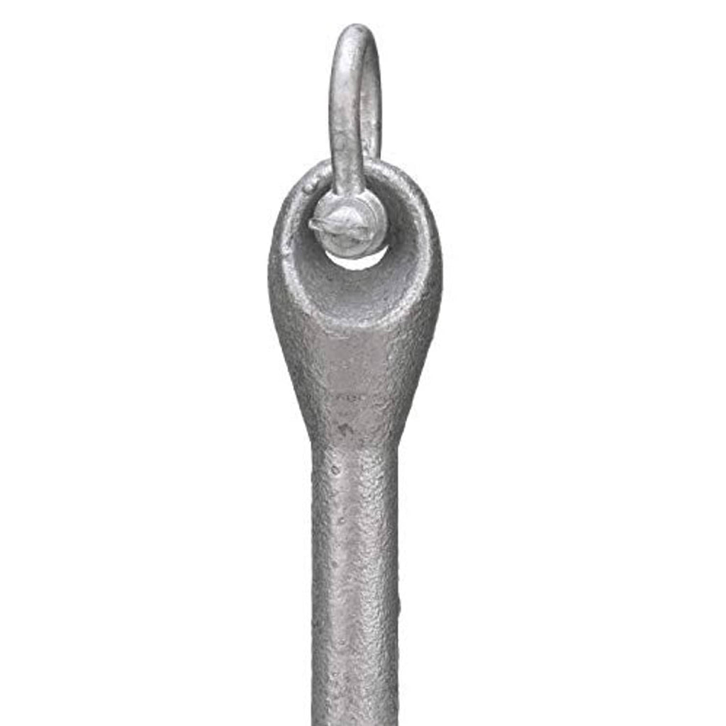 Top lifting ring detail on a folding grapnel anchor shank, silver-gray metal