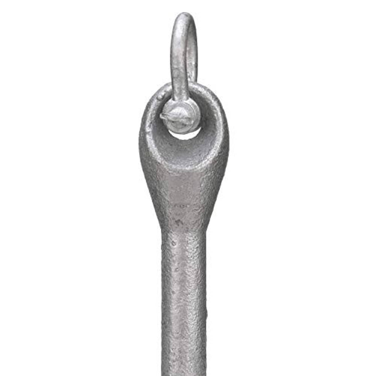 Top lifting ring detail on a folding grapnel anchor shank, silver-gray metal