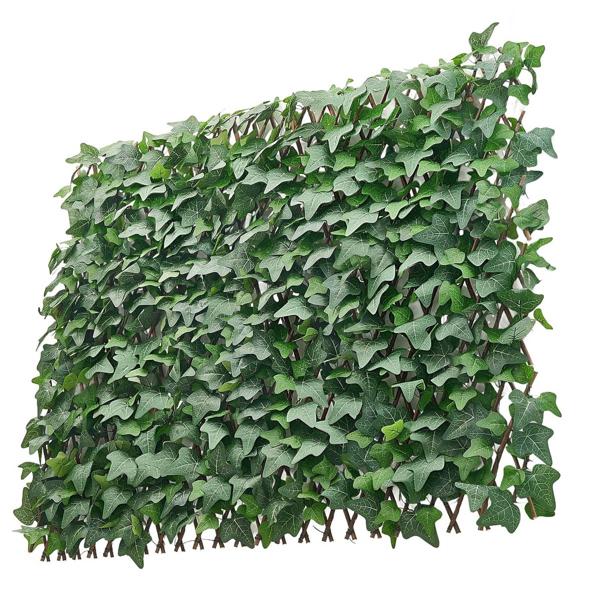 Artificial plant privacy screen with dense green foliage, angled view, 25x126 in